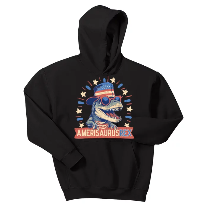 Amerisaurus Rex Funny Dinosaur American Flag 4th Of July Kids Hoodie