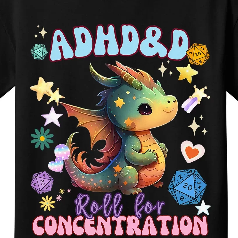 ADHD&D Roll For Concentration Watercolor Dragon Kids T-Shirt