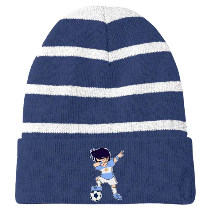 Argentinian Dabbing Soccer Boy Argentina Striped Beanie with Solid Band