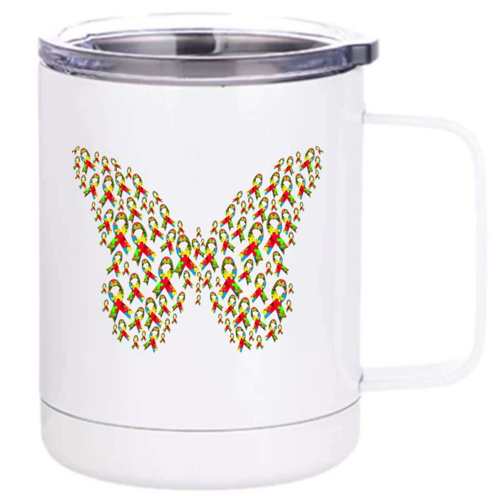 Autism Ribbon Heart Butterfly Gift Awareness Support Gift Front & Back 12oz Stainless Steel Tumbler Cup