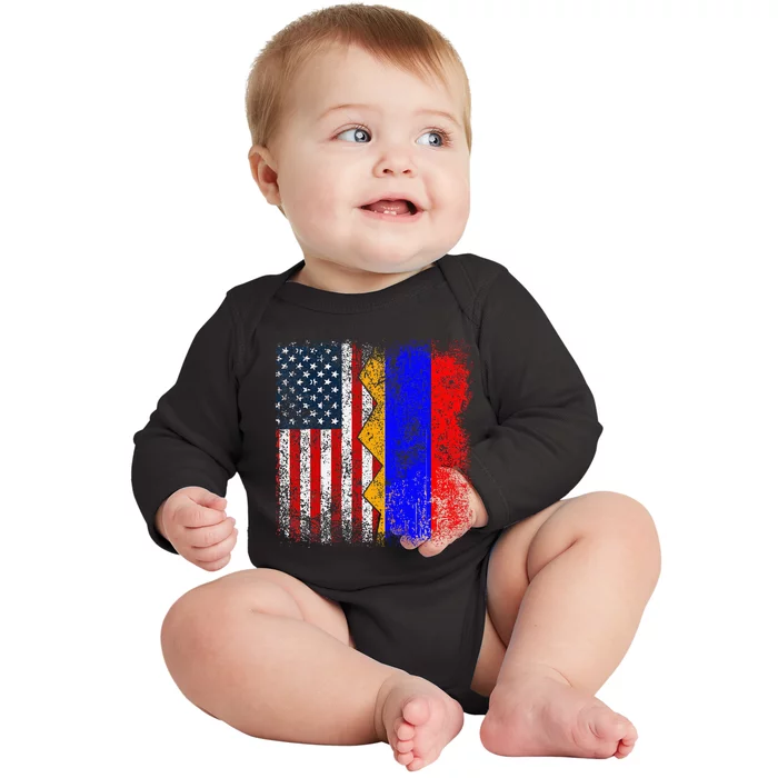 Armenian Roots Half American Flag America Armenia Flags Baby Long Sleeve Bodysuit