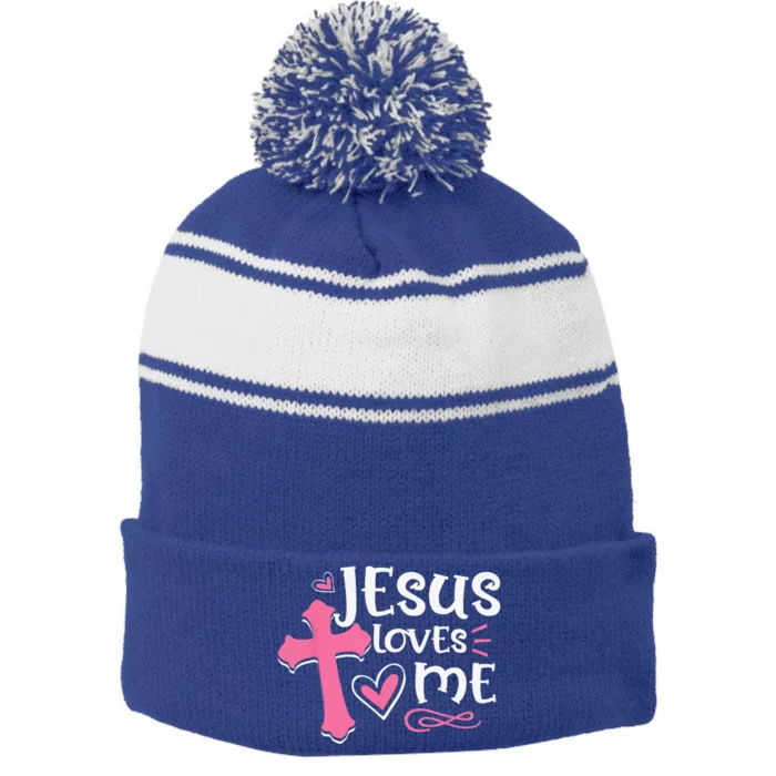 Awesome Religious Jesuss Love Jesus Loves Me Christian Stripe Pom Pom Beanie