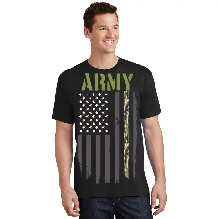 Army Veteran Thin Camo Line Flag T-Shirt