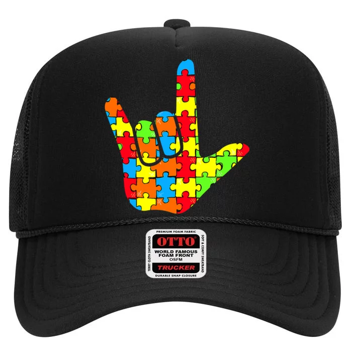 Autism Rock On Hand High Crown Mesh Trucker Hat