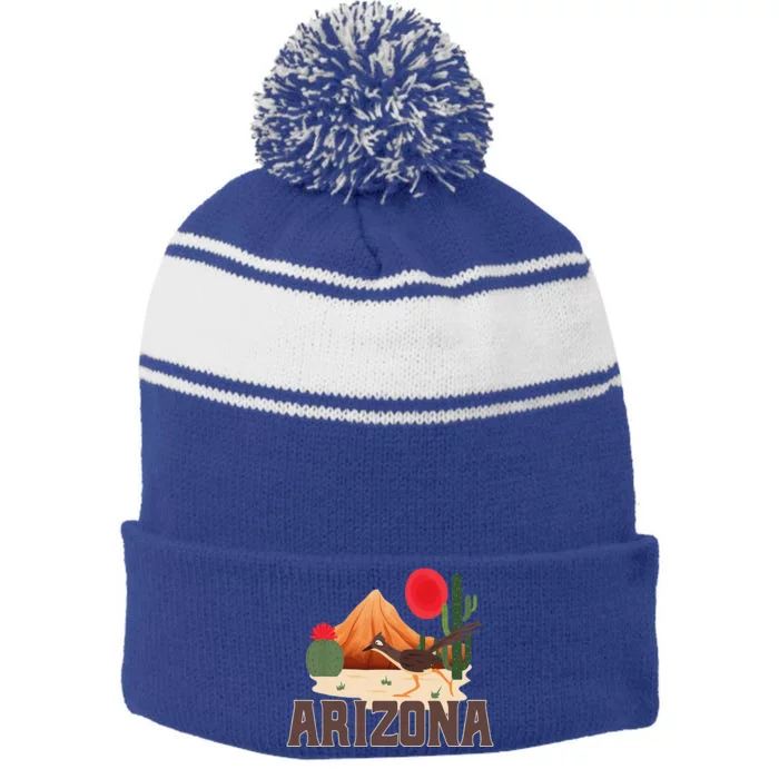 Arizona Roadrunner Retro Boho Desert Cactus Stripe Pom Pom Beanie