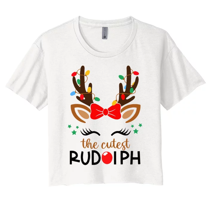 Adorable Rudolph Reindeer Christmas Pajama with Festive Lights Women's Crop Top Tee