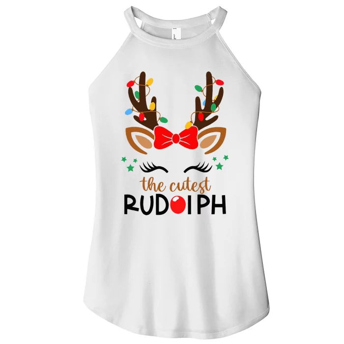 Adorable Rudolph Reindeer Christmas Pajama with Festive Lights Women’s Perfect Tri Rocker Tank