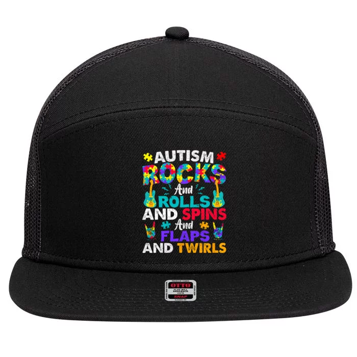 Autism Rocks Rolls Spins Flaps Awareness 7 Panel Mesh Trucker Snapback Hat