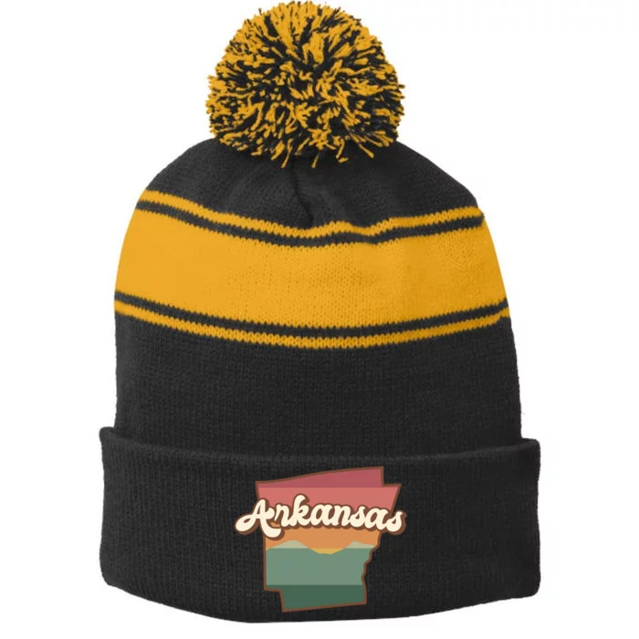 Arkansas Retro Sunset Stripe Pom Pom Beanie