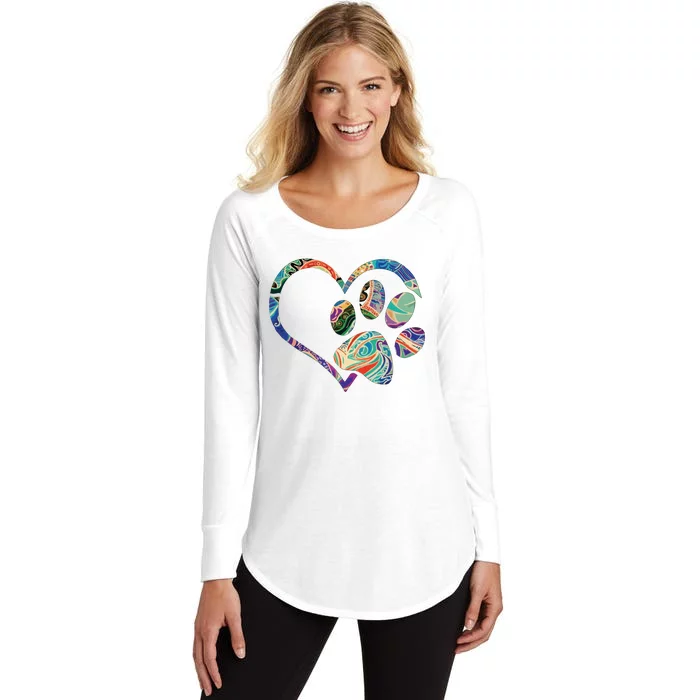 Animal Rescue Shirts Dog Paw Print Tie Dye Rainbow Dog Love Women's Perfect Tri Tunic Long Sleeve Shirt