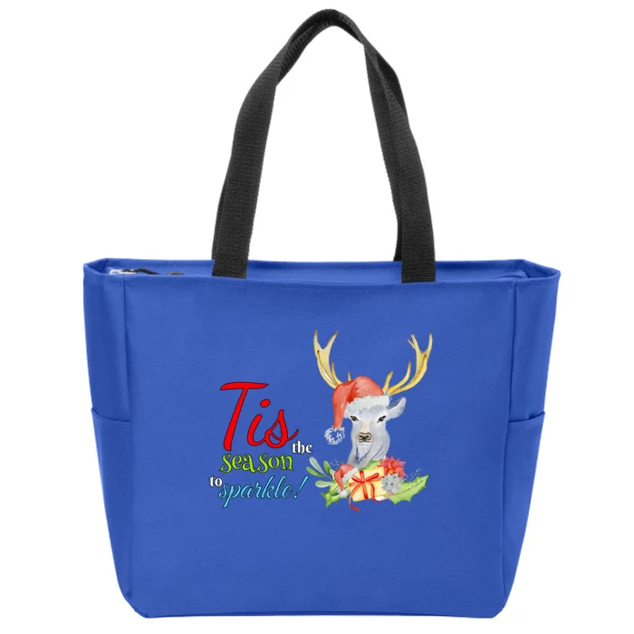 Adorable Reindeer Tis The Season To Christmas Gift Zip Tote Bag