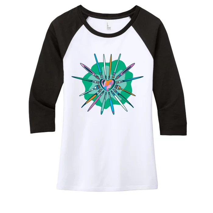 Artist Brushes Heart Women's Tri-Blend 3/4-Sleeve Raglan Shirt