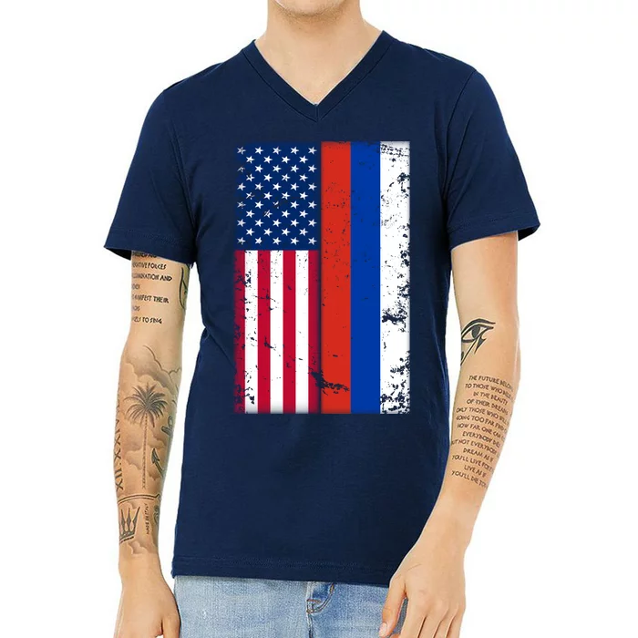 American Russia Vintage Flag V-Neck T-Shirt