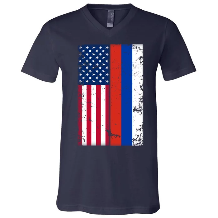 American Russia Vintage Flag V-Neck T-Shirt