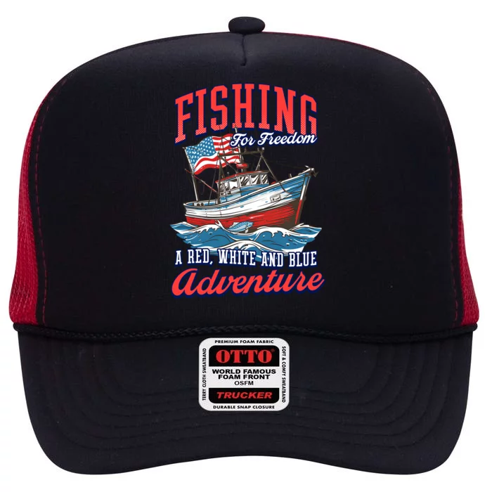 A Red White And Blue Adventure Design Patriotic Fishing Gift High Crown Mesh Trucker Hat