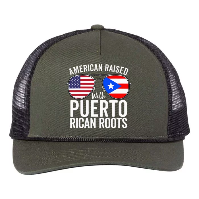 American Raised With Puerto Rican Roots USA Puerto Rico Flag Retro Rope Trucker Hat Cap