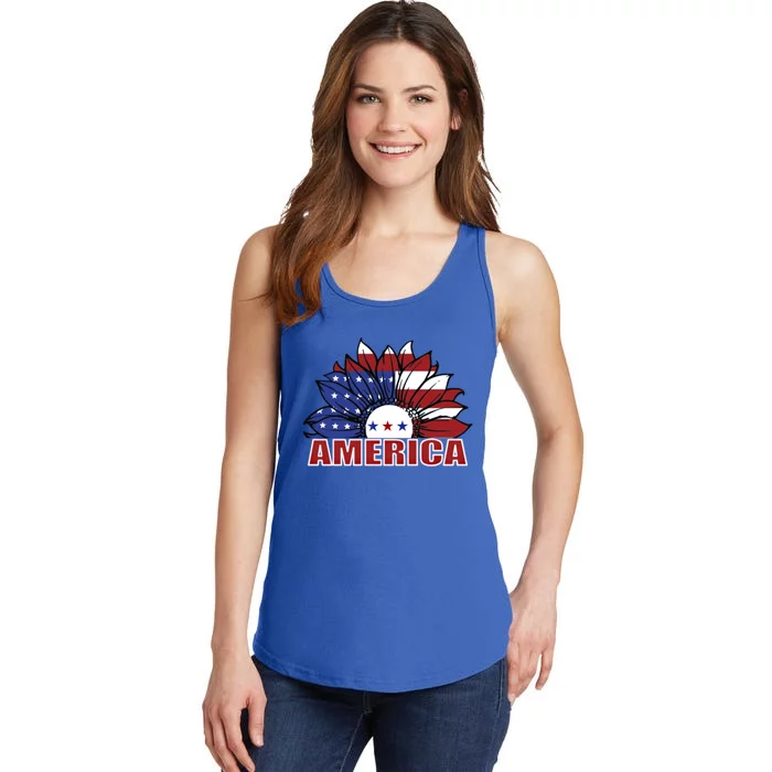 America Red White And Blue Sunflower Design Meaningful Gift Ladies Essential Tank