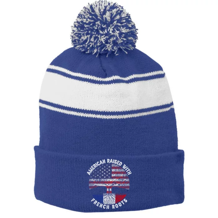 American Raised With French Roots France Us Flag Meaningful Gift Stripe Pom Pom Beanie