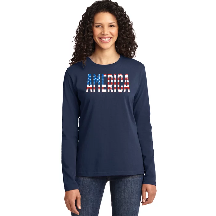 America Red White Blue Stars And Stripes Ladies Long Sleeve Shirt