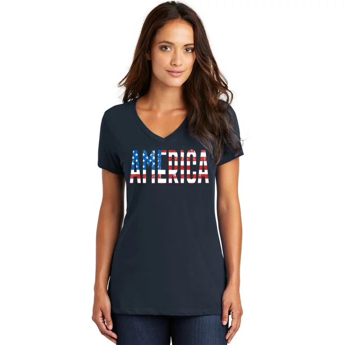 America Red White Blue Stars And Stripes Women's V-Neck T-Shirt