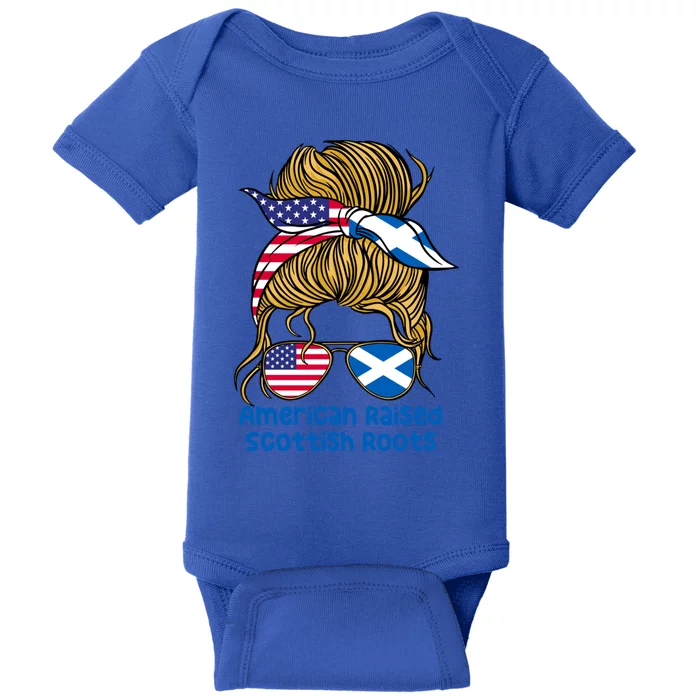 American Raised With Scottish Roots Messy Bun Gift Baby Bodysuit