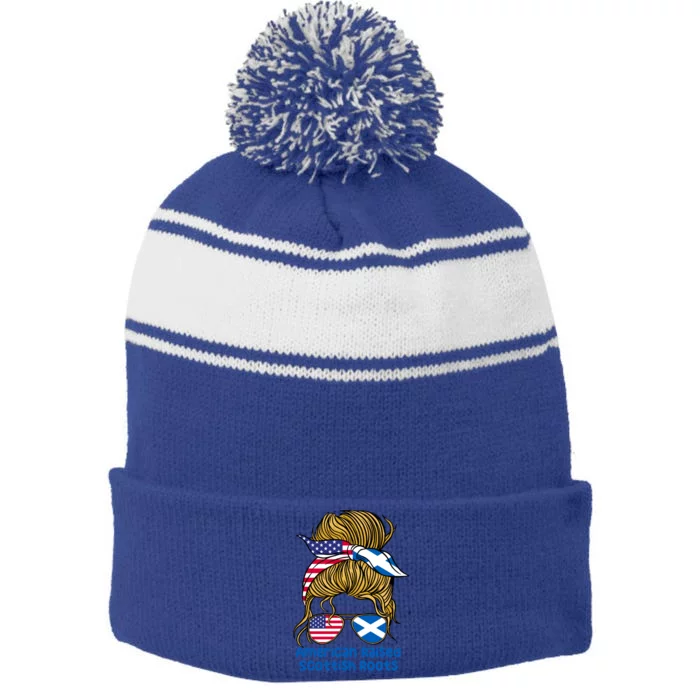 American Raised With Scottish Roots Messy Bun Gift Stripe Pom Pom Beanie