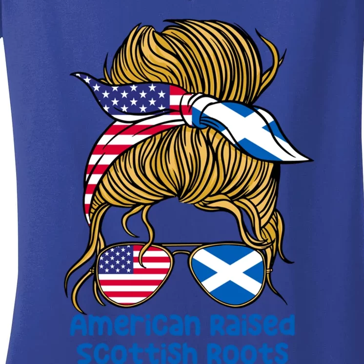 American Raised With Scottish Roots Messy Bun Gift Women's V-Neck T-Shirt