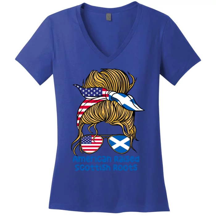 American Raised With Scottish Roots Messy Bun Gift Women's V-Neck T-Shirt