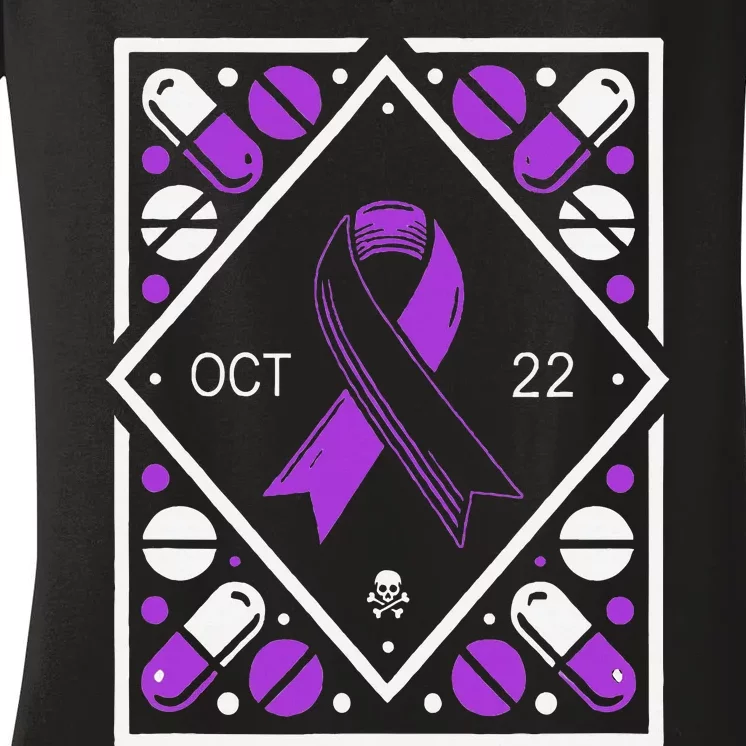 Awareness Ribbon With Oct 22 Date Fluoroquinolone Toxicity Women's V-Neck T-Shirt