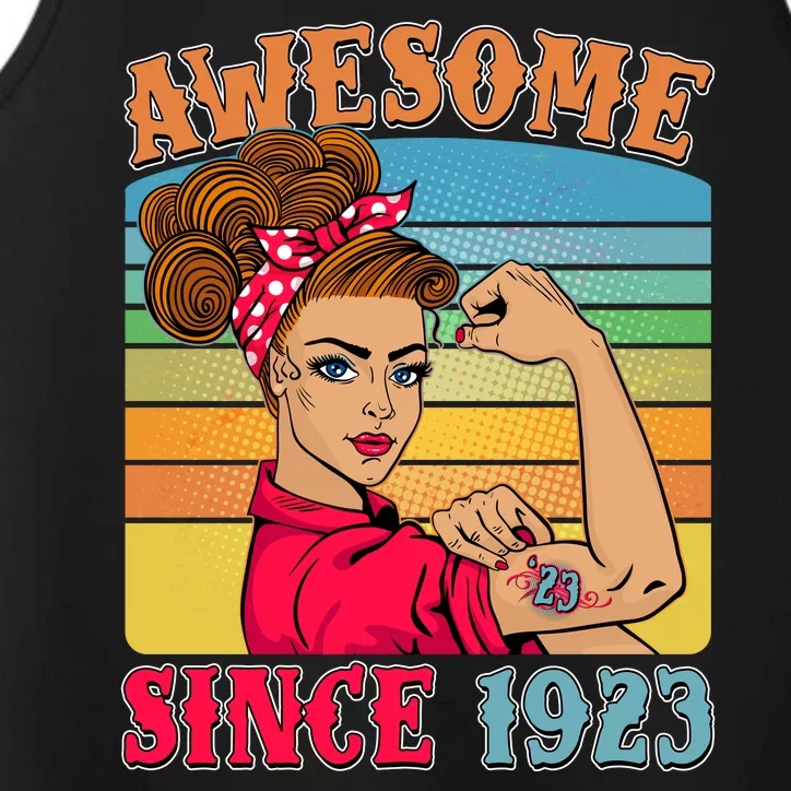 Awesome Since 1923 100th Birthday Messy Bun Rosie The Riveter Performance Tank