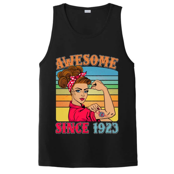 Awesome Since 1923 100th Birthday Messy Bun Rosie The Riveter Performance Tank