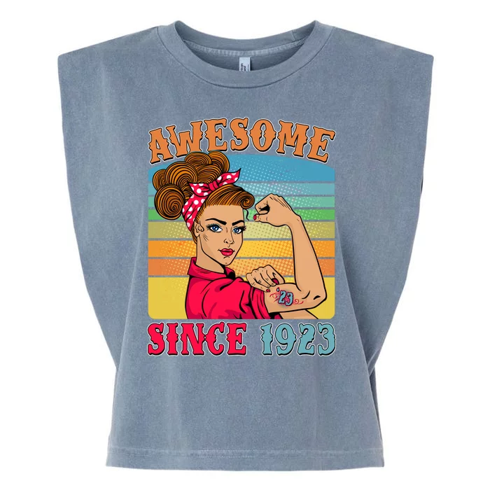 Awesome Since 1923 100th Birthday Messy Bun Rosie The Riveter Garment-Dyed Women's Muscle Tee