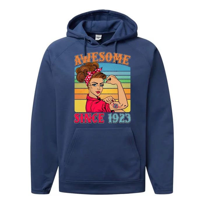 Awesome Since 1923 100th Birthday Messy Bun Rosie The Riveter Performance Fleece Hoodie