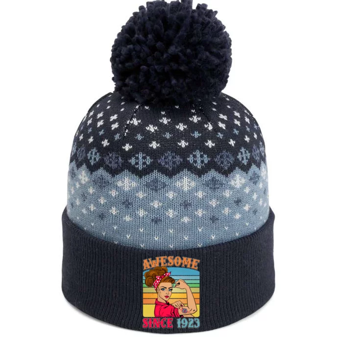 Awesome Since 1923 100th Birthday Messy Bun Rosie The Riveter The Baniff Cuffed Pom Beanie