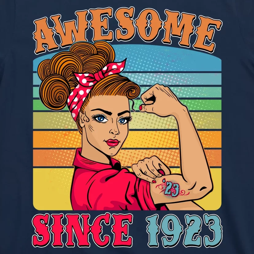 Awesome Since 1923 100th Birthday Messy Bun Rosie The Riveter T-Shirt