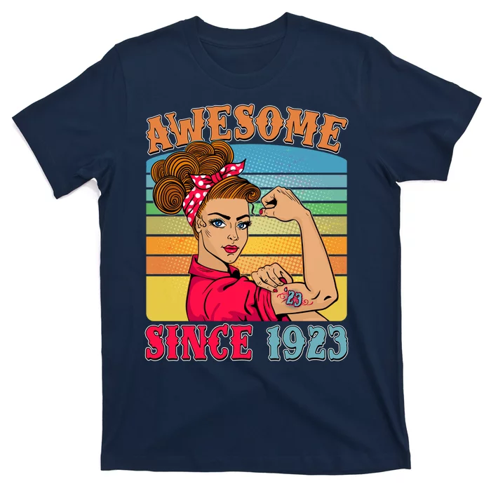 Awesome Since 1923 100th Birthday Messy Bun Rosie The Riveter T-Shirt