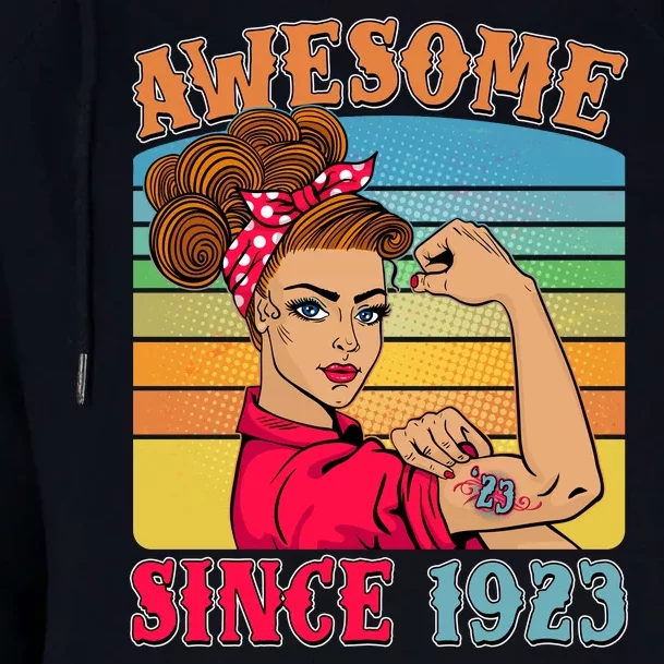 Awesome Since 1923 100th Birthday Messy Bun Rosie The Riveter Womens Funnel Neck Pullover Hood