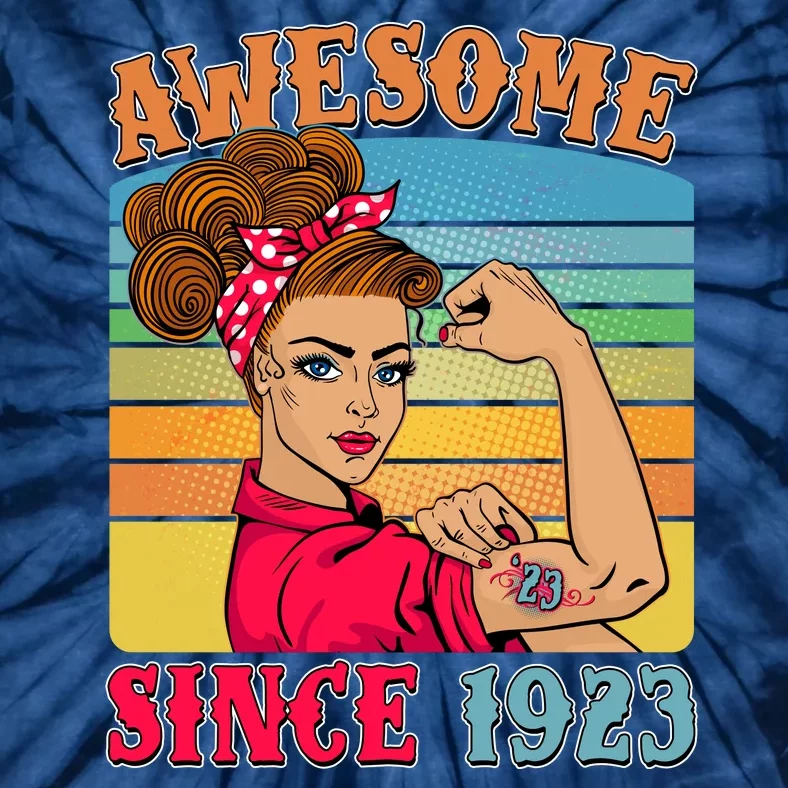 Awesome Since 1923 100th Birthday Messy Bun Rosie The Riveter Tie-Dye T-Shirt