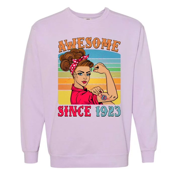 Awesome Since 1923 100th Birthday Messy Bun Rosie The Riveter Garment-Dyed Sweatshirt