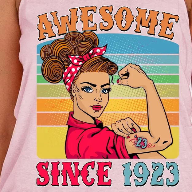 Awesome Since 1923 100th Birthday Messy Bun Rosie The Riveter Women's Knotted Racerback Tank