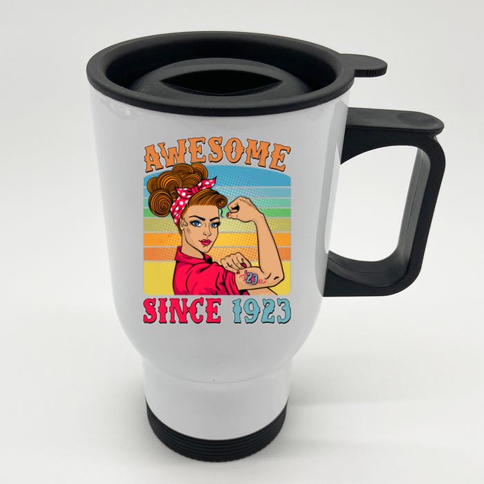 Awesome Since 1923 100th Birthday Messy Bun Rosie The Riveter Front & Back Stainless Steel Travel Mug