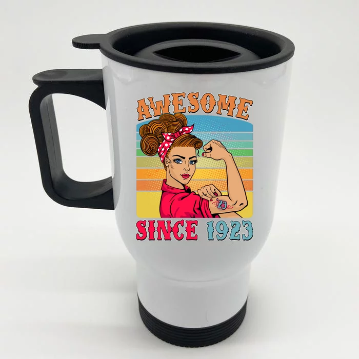 Awesome Since 1923 100th Birthday Messy Bun Rosie The Riveter Front & Back Stainless Steel Travel Mug