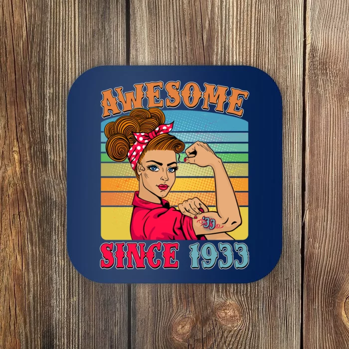 Awesome Since 1933 90th Birthday Messy Bun Rosie The Riveter Coaster