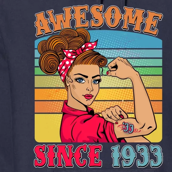 Awesome Since 1933 90th Birthday Messy Bun Rosie The Riveter Premium Hoodie