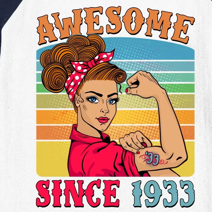 Awesome Since 1933 90th Birthday Messy Bun Rosie The Riveter Baseball Sleeve Shirt