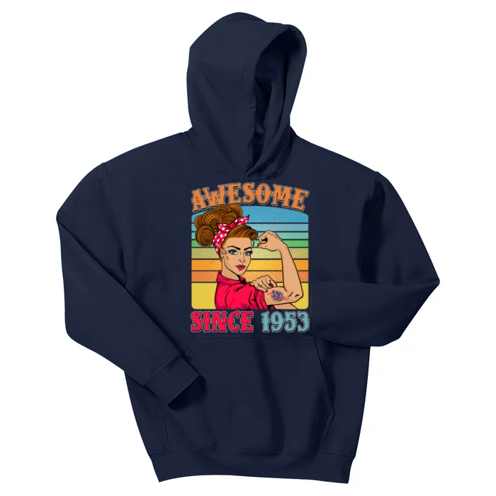 Awesome Since 1953 70th Birthday Messy Bun Rosie The Riveter Kids Hoodie