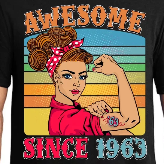 Awesome Since 1963 60th Birthday Messy Bun Rosie The Riveter Pajama Set