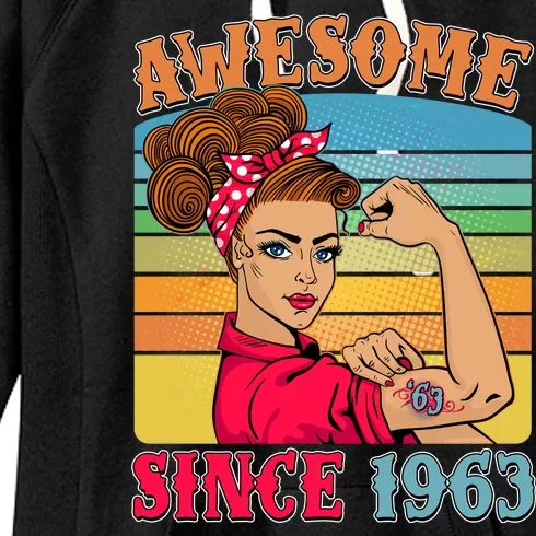 Awesome Since 1963 60th Birthday Messy Bun Rosie The Riveter Women's Fleece Hoodie