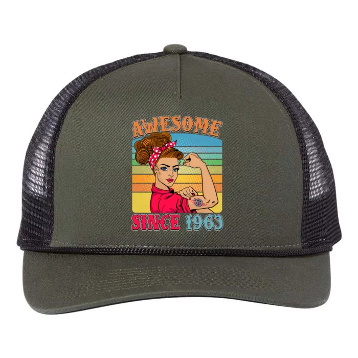 Awesome Since 1963 60th Birthday Messy Bun Rosie The Riveter Retro Rope Trucker Hat Cap