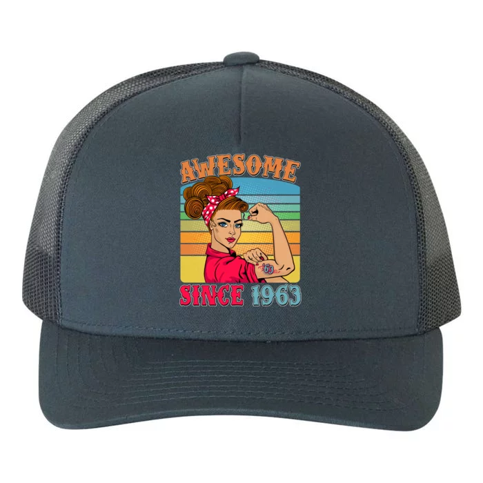 Awesome Since 1963 60th Birthday Messy Bun Rosie The Riveter Yupoong Adult 5-Panel Trucker Hat